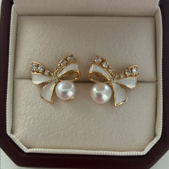 Handmade Jewelry - Gold Bow Pearl Earrings | Sterling Silver Posts | Affordable Gift for Her